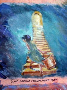 Painting (detail) showing a girl climbing a long staircase carrying a big bucket