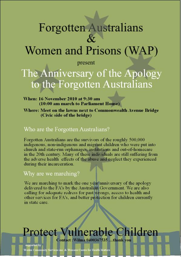 Poster advertising a Canberra march on the anniversary of the National Apology
